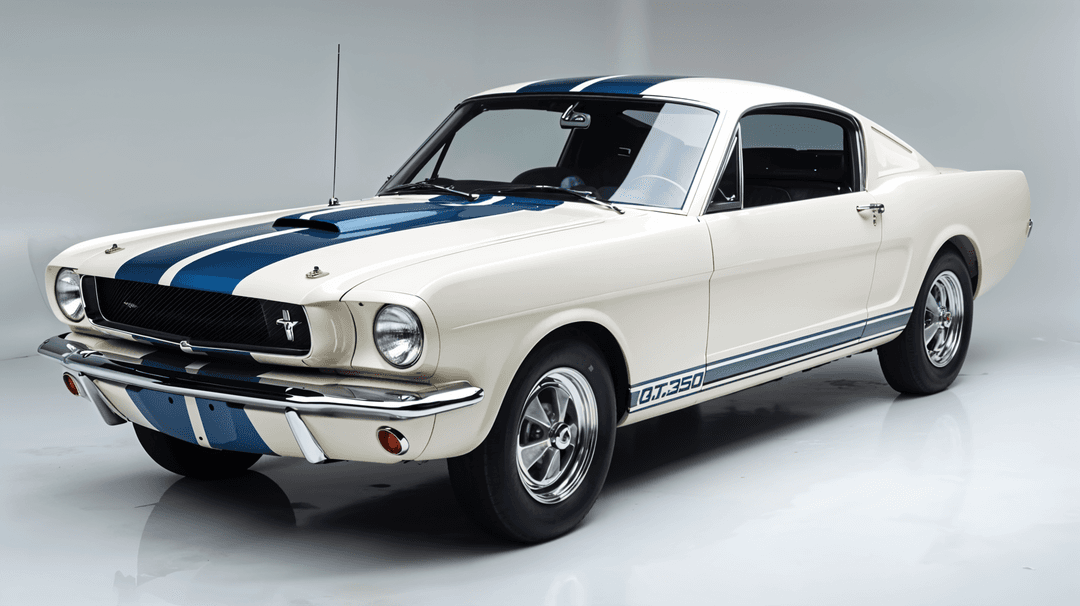 White Ford Mustang Shelby GT350 with blue stripes, a rare 1960s muscle car