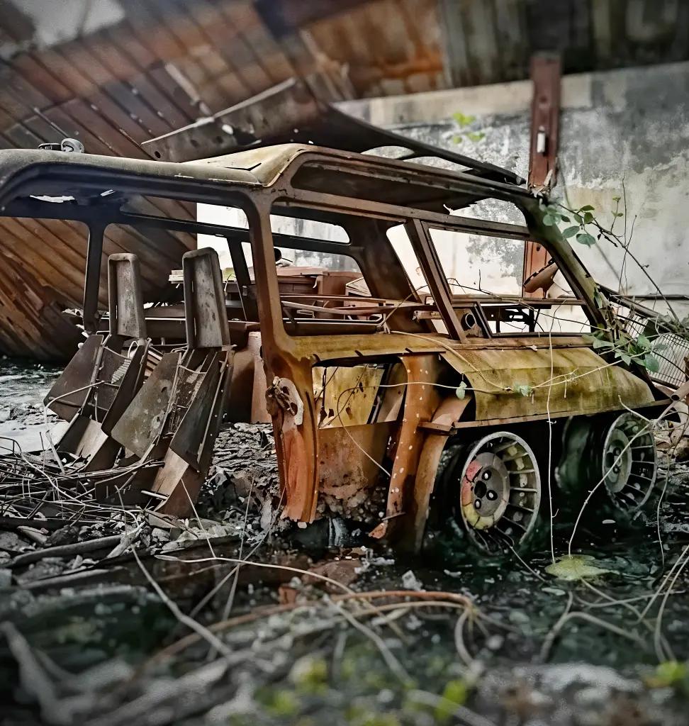 Rear side view of the Renault 5 Turbo 6x6 in a severely dilapidated state, highlighting its rusted six-wheel chassis in an overgrown, abandoned area