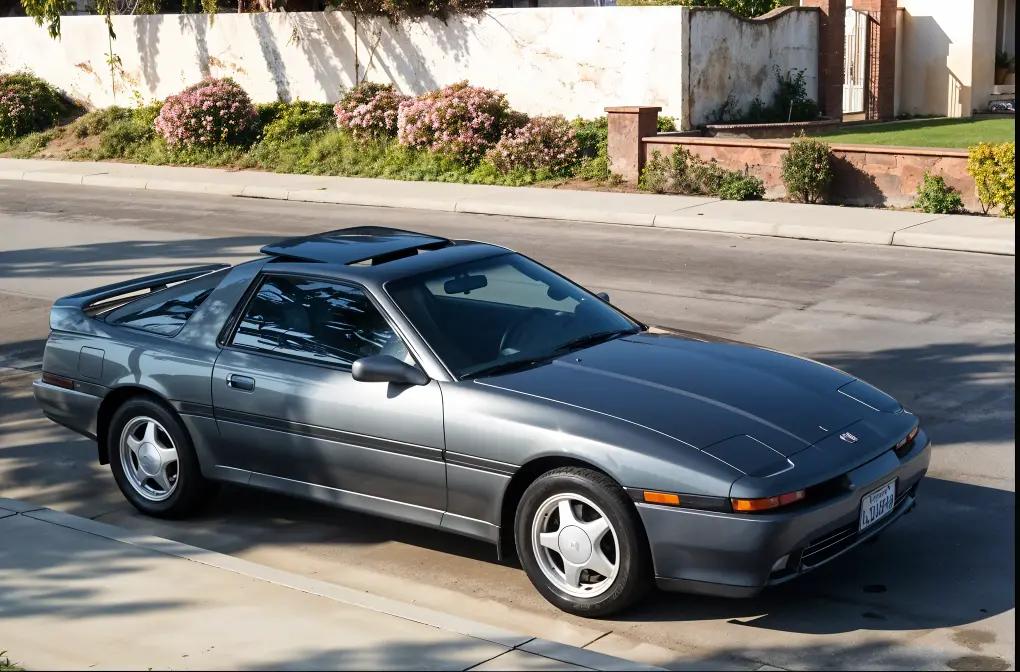 Toyota Supra MKIV in gray, parked against a city backdrop, showcasing its sleek silhouette