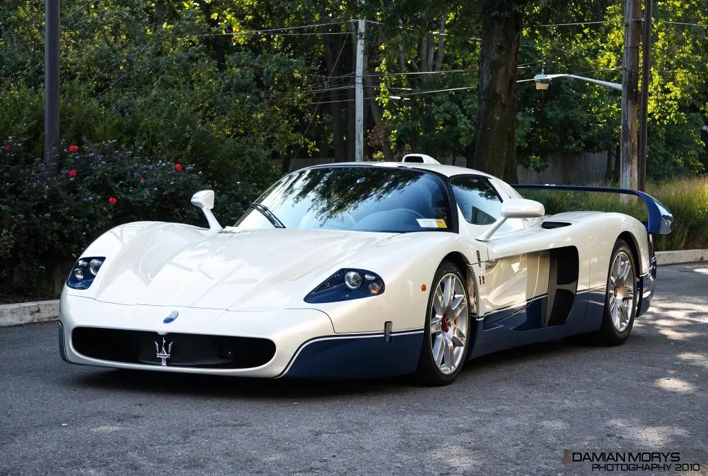 Maserati MC12 in white with blue accents, emphasizing its aerodynamic profile