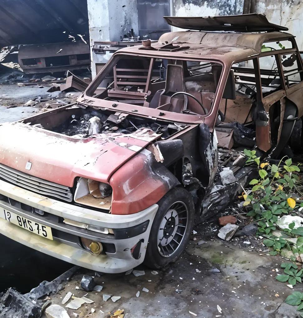 Close-up of the rusted and corroded engine bay of the Renault 5 Turbo 6x6, illustrating its current condition after years of neglect