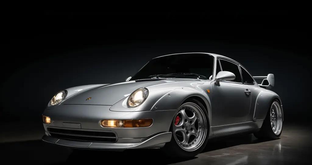 Alt text: "Porsche 911 GT2 (993) in silver, parked on a racetrack, ready for high-speed action