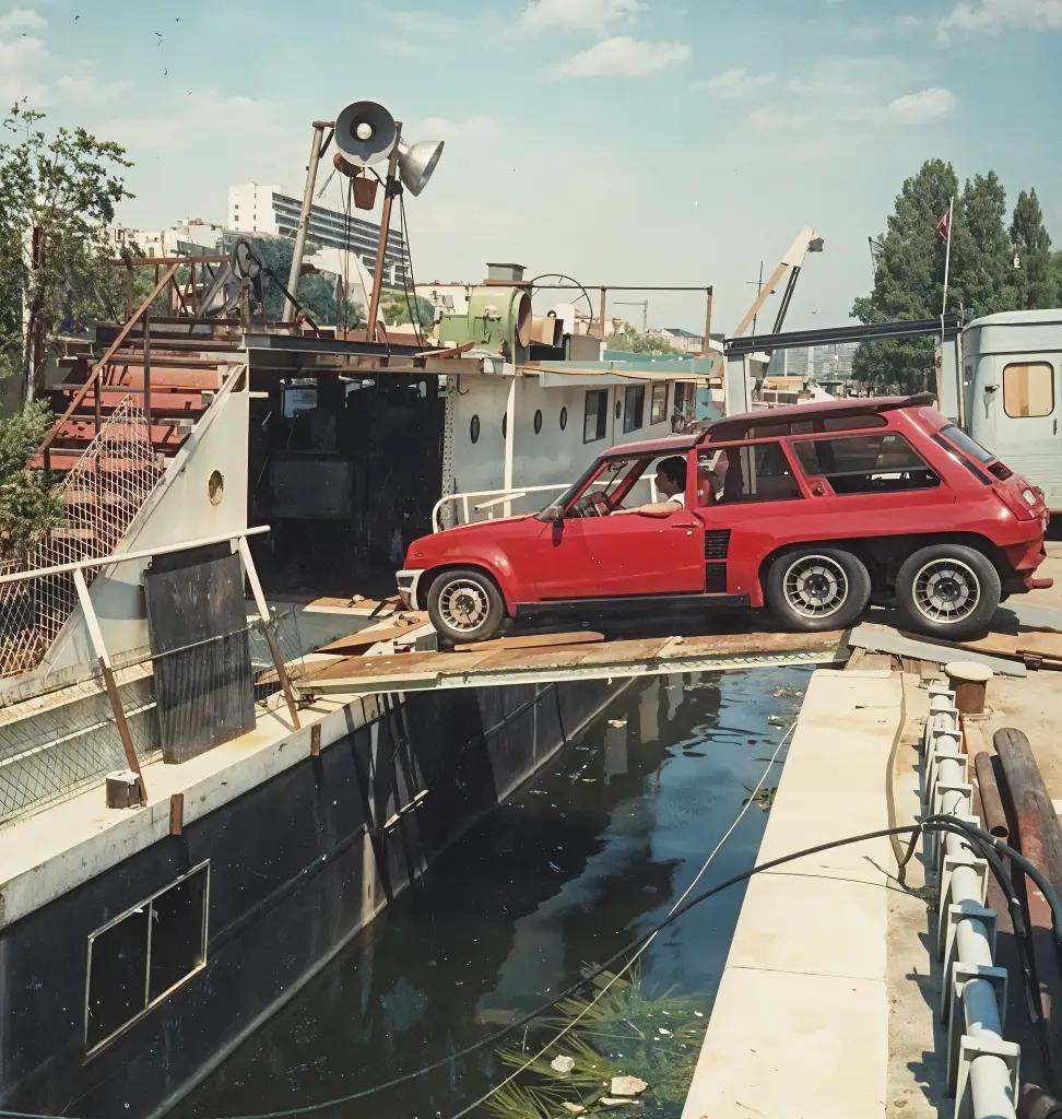 Side profile of the Renault 5 Turbo 6x6 by De Léotard parked near a boatyard, highlighting its unique six-wheel design and rally-inspired modifications