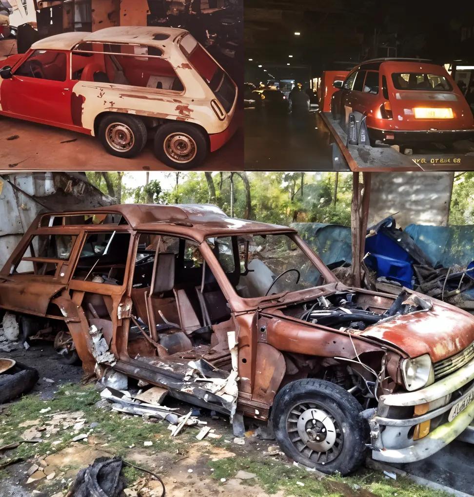 Rear side view of the Renault 5 Turbo 6x6 in a severely dilapidated state, highlighting its rusted six-wheel chassis in an overgrown, abandoned area