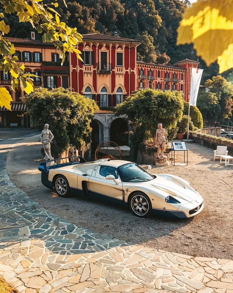 Maserati MC12 parked in front of a luxurious villa, showcasing its iconic blue-and-white livery and aerodynamic design